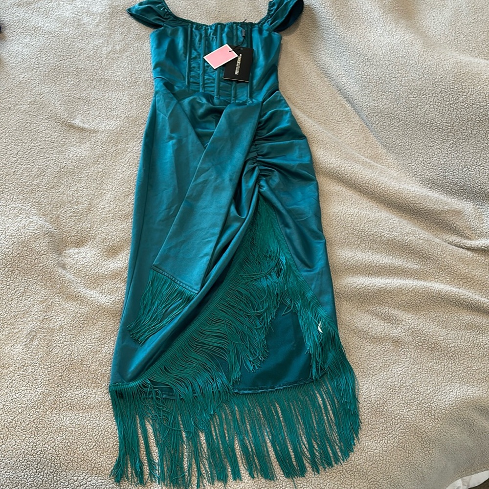 Pretty Little Thing Emerald Green Satin Bardot Tassel Hen Draped Midi Dress